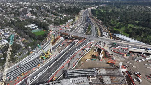 Arial view of roadworks to build on and off ramps for the eastern freeway and North East link.