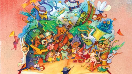 Colourful book characters are playing musical instruments while sitting on an open book