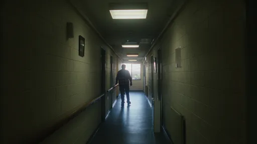 A long dark corridor. At the far end is a small window, against which we can see the silhouette of a person moving down the hallway