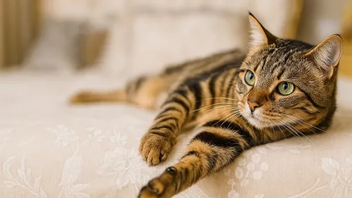 A tabby cat reclining on a couch.
