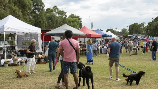 An outdoor market with people and their pets attending