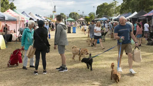 A busy market day with lots of people and their dogs.