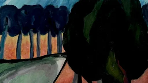 A stylised landscape painting showing a row of dark blue trees along a path on the left and a cluster of large, dark green trees in the foreground on the right. The ground is painted in warm reddish tones, and the sky is streaked with blue and white brushstrokes.