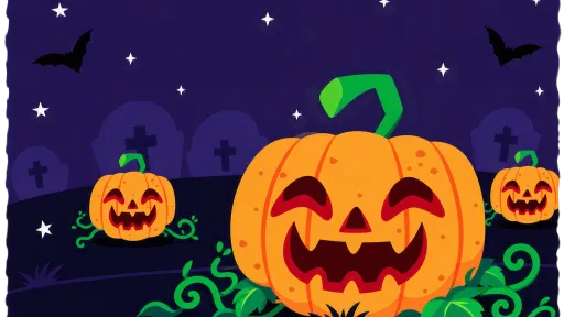 Halloween-themed illustration featuring three smiling carved pumpkins in a moonlit graveyard with stars and bats against a purple night sky.