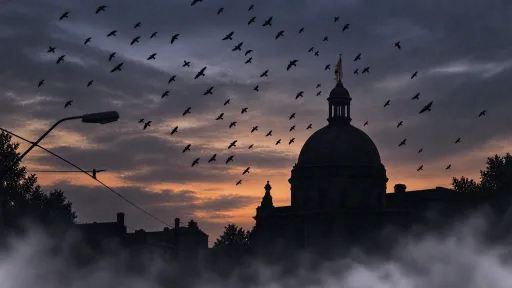 Historic dome surrounded by mist with bats flying across the evening sky.