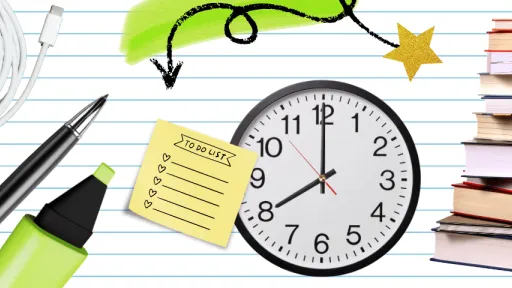 Banner on lined notebook paper with a clock, to-do list, pen, highlighter and a stack of books.