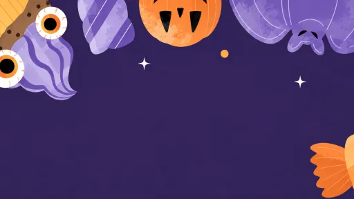 Halloween-themed purple banner with pumpkins, a bat, eyeballs and playful spooky decorations.