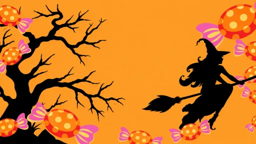 Halloween-themed orange banner featuring a spooky black tree, a witch flying on a broomstick and colourful wrapped lollies.