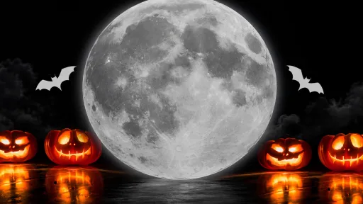 Spooky Halloween scene with a large full moon, flying bats and glowing jack-o’-lanterns against a dark night sky.
