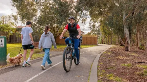 Two people walking a dog along a shared path. In the opposite direction a cyclist is riding.