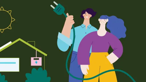 Illustration of 2 smiling people with one holding electrical cord