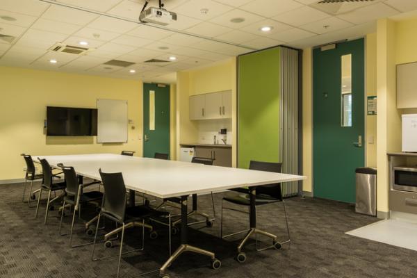 Meeting room with boardroom table and green doors