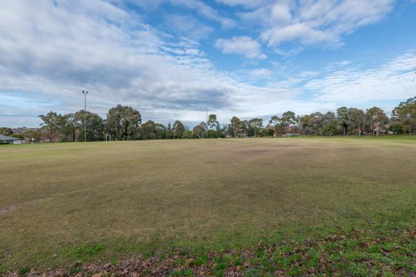 Oval sportsground with two soccer goals at the far end and tall trees on the horizon.