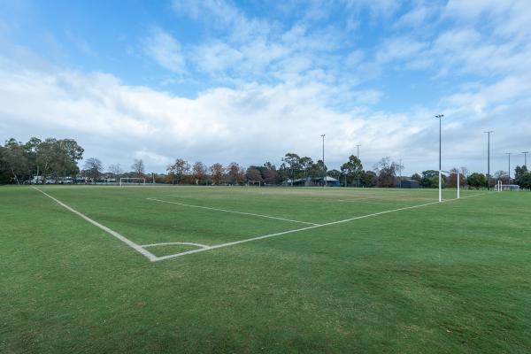Corner view of soccer pitch with goals at each end and white line markings. There is a second soccer pitch in the distance and seven visible light posts.