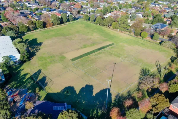 Aerial view of a retangular sportsground including a cricket pitch. It is surrounded by trees.
