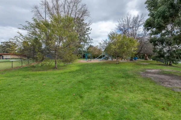 A grass area with. A sportsground fence, trees and a play area is in the background