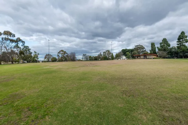 A grass field. A building and sportsground lighting are in the background