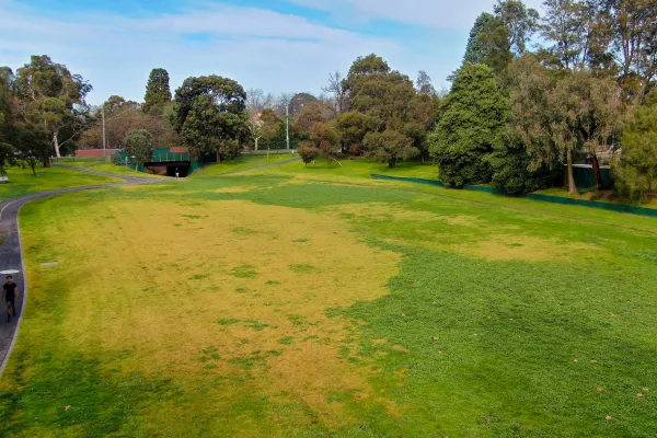 An aerial view of a park with a large grassy area and a paved path.
