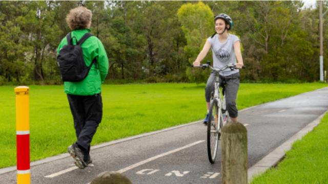 Cyclist on shared path approaches a walker moving the other way. Shared path sign in foreground shows figures cycling and walking.
