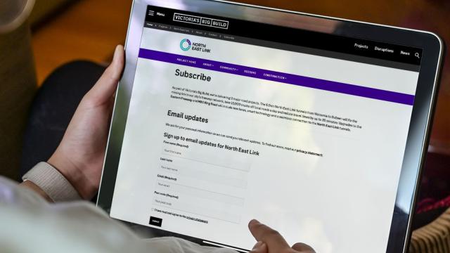 A tablet screen showing a email update sign up page on  Victoria's Big Build website