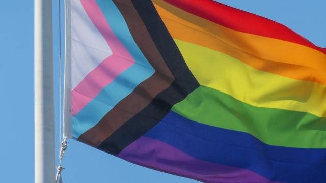 An LGBTQIA+ pride flag flying on a flag pole