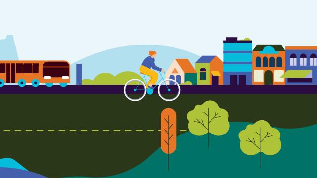 Illustrated scene showing a lively community environment with people walking a dog, running, and cycling. In the background are colourful buildings, trees, and a bus, representing an active and connected neighbourhood.