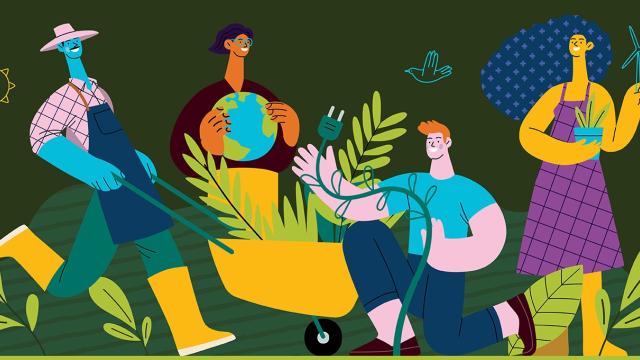 Illustration of 4 people holding things representing sustainability, a globe, wheelbarrow with plants, and wind turbine and a power cord with leaves