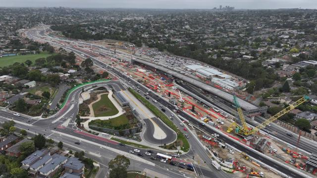 Arial view of roadworks taking place on the Eastern Freeway