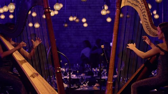Two harp players sitting opposite each other on a well-lit stage