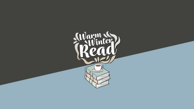 Warm winter read text sits above a cup that is sitting on a stack of books.