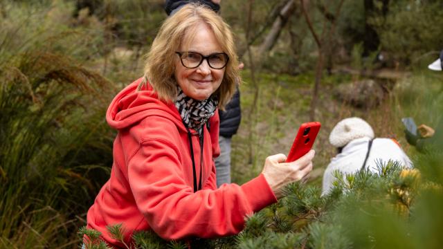 Woman in red jumper smiles while taking photo of plant in gardens