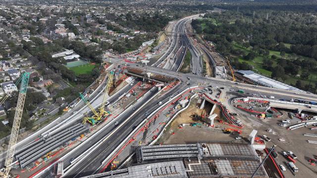 Arial view of roadworks to build on and off ramps for the eastern freeway and North East link.