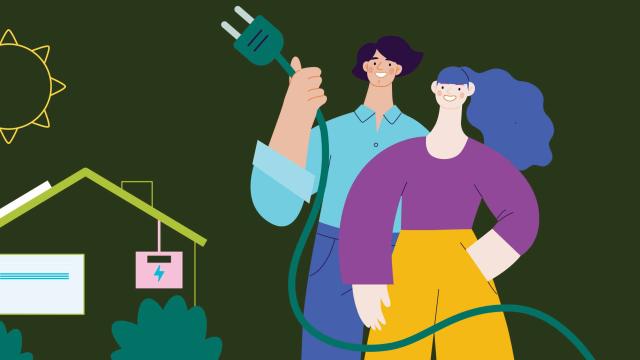Illustration of 2 smiling people with one holding electrical cord