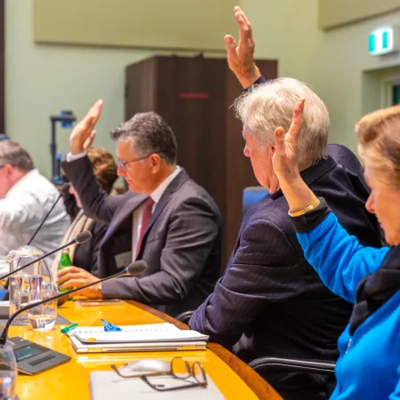 3 male and one female councillors with hands up as if they are agreeing to a vote